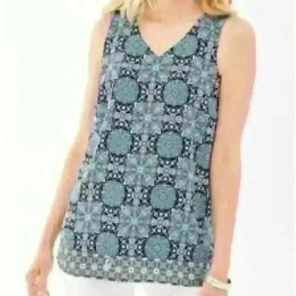 J Jill Tank Top Teal Blue Medallion Layered V Neck Women’s Sz Medium - Picture 1 of 9